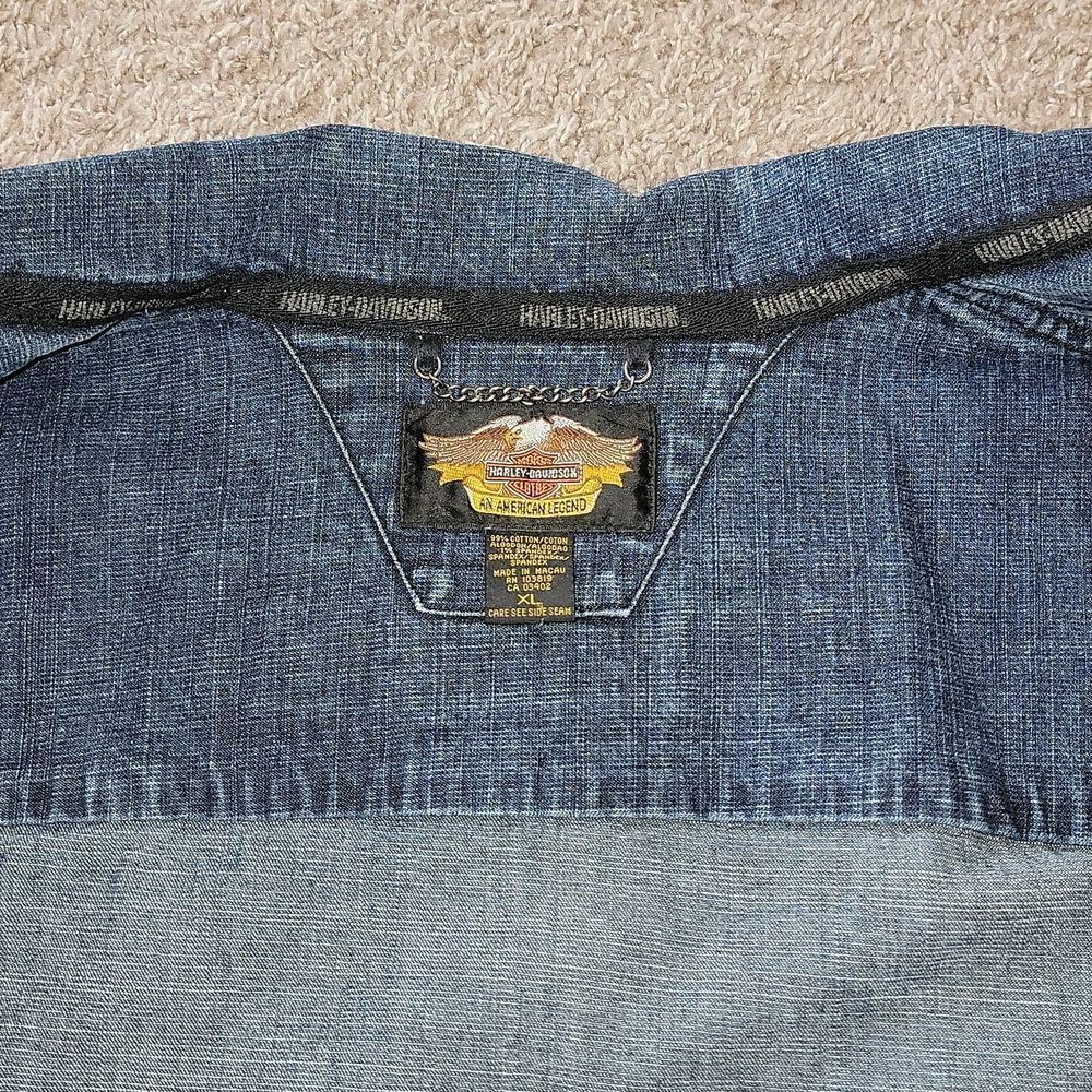 Harley-Davidson HD Denim Jacket Frayed Raw Edges Logo Moto Hippie Y2K Rare XL - Picture 2 of 13